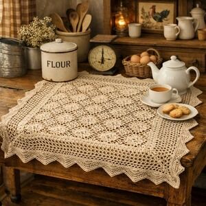 Vintage Hand Crocheted Table Topper 33x33 Lace Cotton Doily Tablecloth
